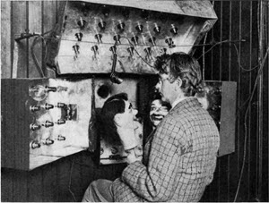 Baird in 1925 with his televisor equipment and dummies 